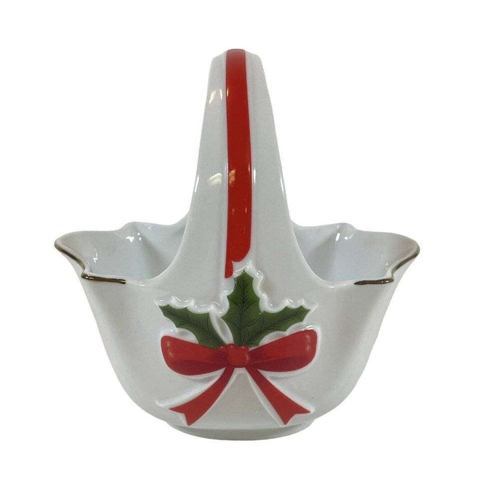 Vintage Porcelain Christmas Basket Holly and Berry Design Mount Clemens Pottery
